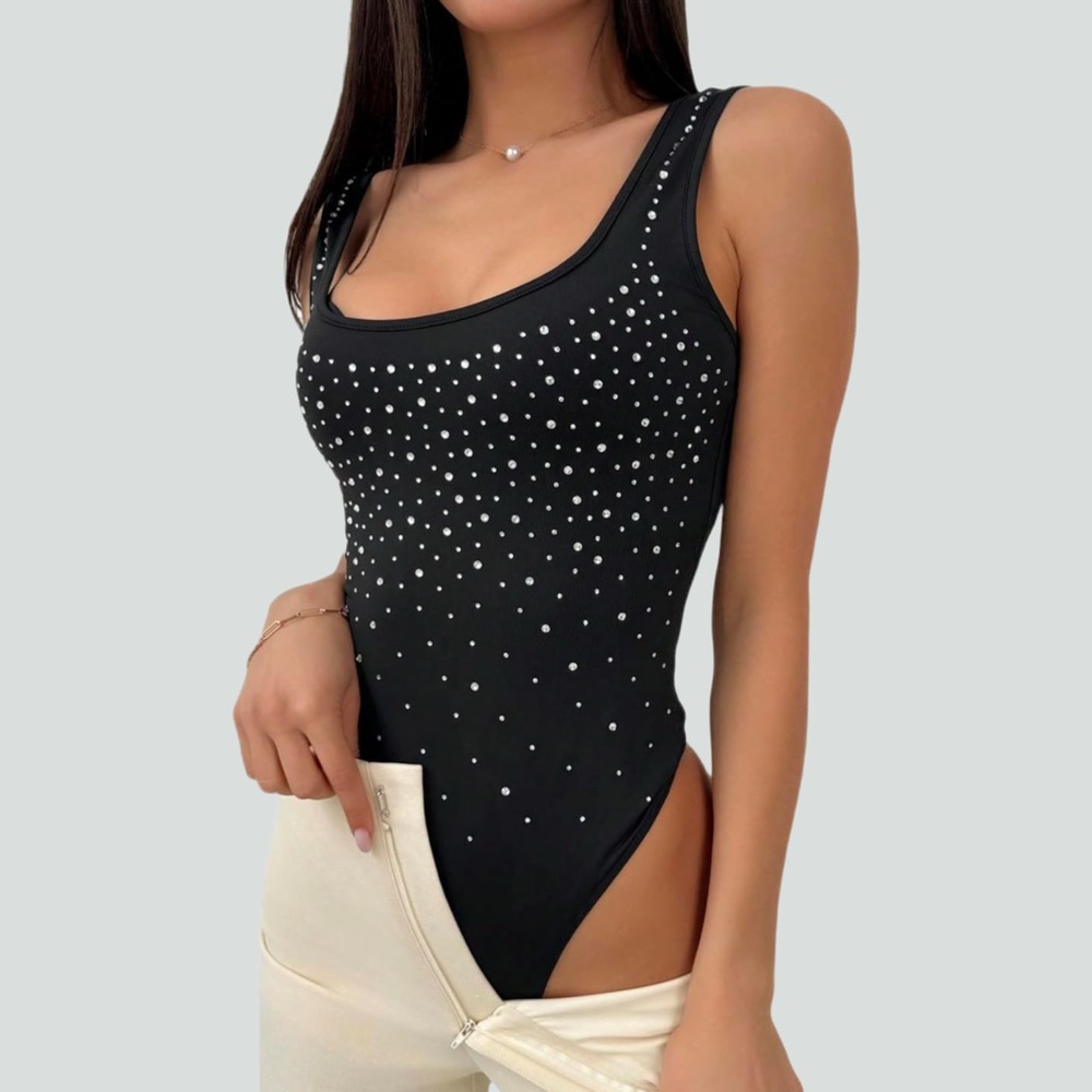 NWT Y2K Rhinestone Square Neck Sleeveless Bodysuit Sz XS‎
